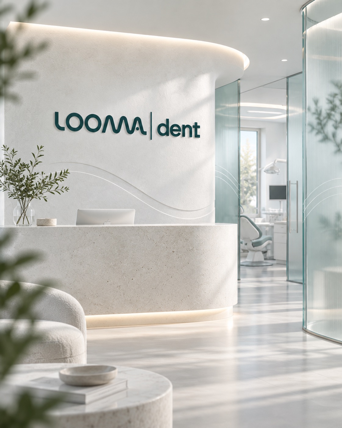 Looma Dent reception desk and logo wall in Istanbul, where composite veneers are planned