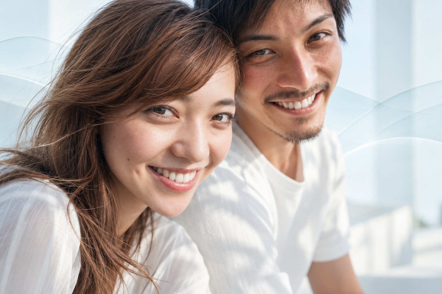 Smiling couple in white tops outdoors, illustrating a natural look with no-prep veneers