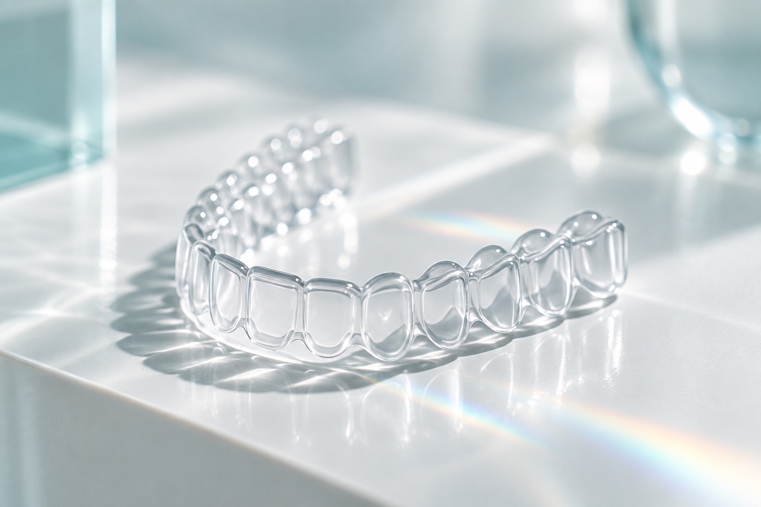 A clear aligner tray on a white surface in soft light, the kind used in clear aligners treatment